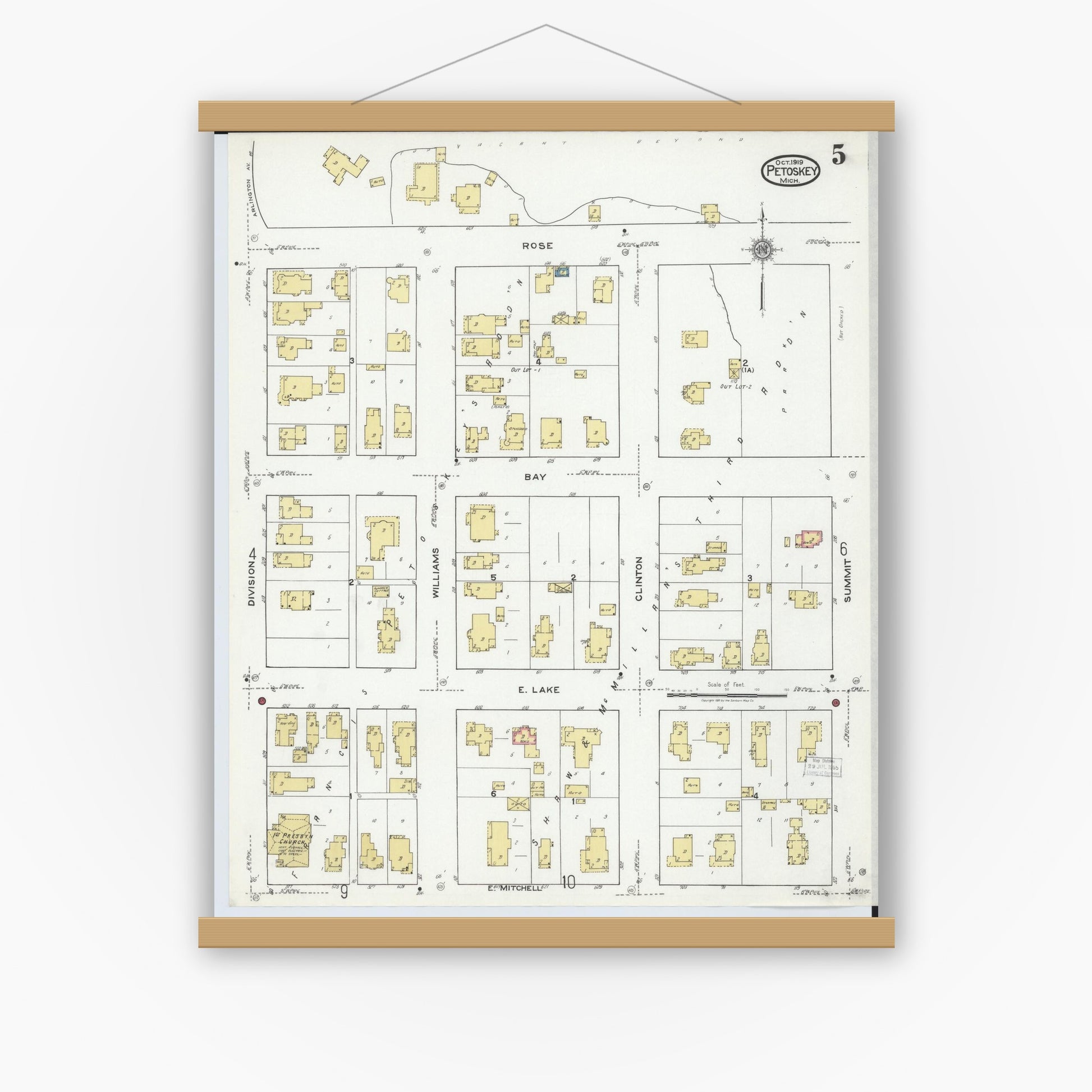 Old map wall art mockup — magnetic wood frame on white wall — Sanborn Fire Insurance Map from Petoskey, Emmet County, Michigan (1919), Sheet #0005