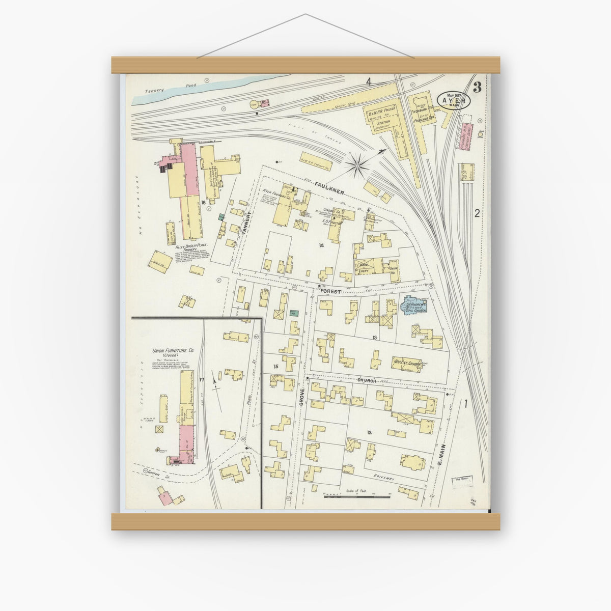 Old map wall art mockup — magnetic wood frame on white wall — Sanborn Fire Insurance Map from Ayer, Middlesex County, Massachusetts (1897), Sheet #0003