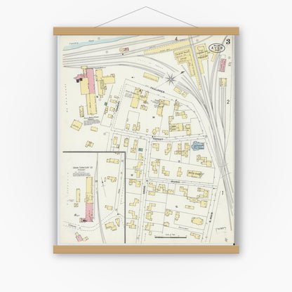 Old map wall art mockup — magnetic wood frame on white wall — Sanborn Fire Insurance Map from Ayer, Middlesex County, Massachusetts (1897), Sheet #0003