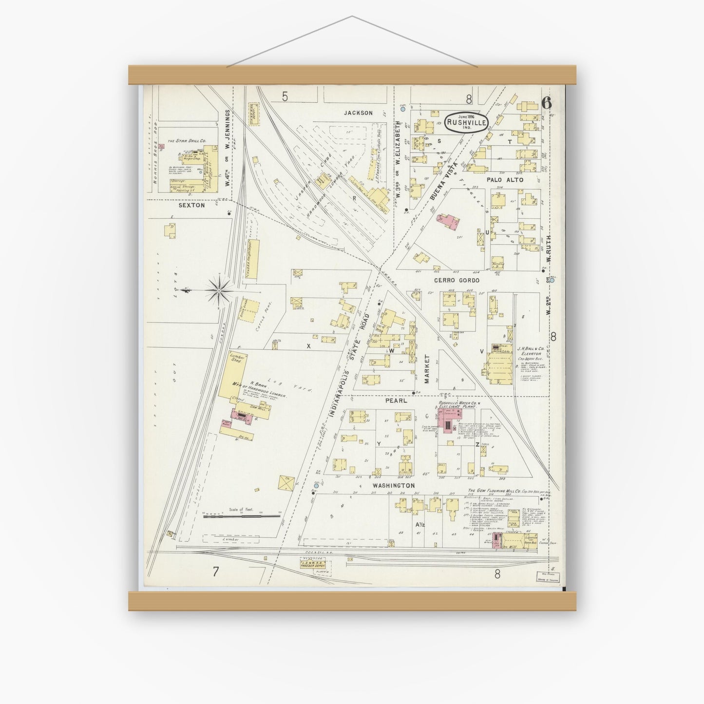 Old map wall art mockup — magnetic wood frame on white wall — Sanborn Fire Insurance Map from Rushville, Rush County, Indiana (1896), Sheet #0006