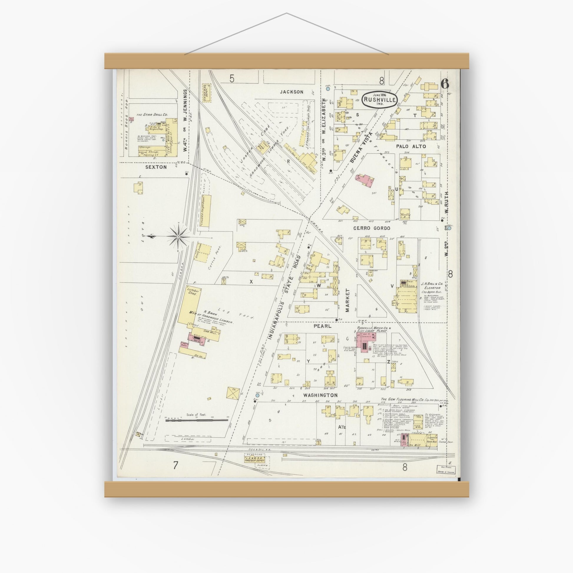 Old map wall art mockup — magnetic wood frame on white wall — Sanborn Fire Insurance Map from Rushville, Rush County, Indiana (1896), Sheet #0006