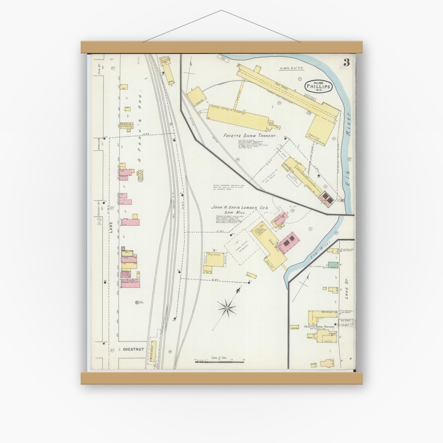 Old map wall art mockup — magnetic wood frame on white wall — Sanborn Fire Insurance Map from Phillips, Price County, Wisconsin (1895), Sheet #0003