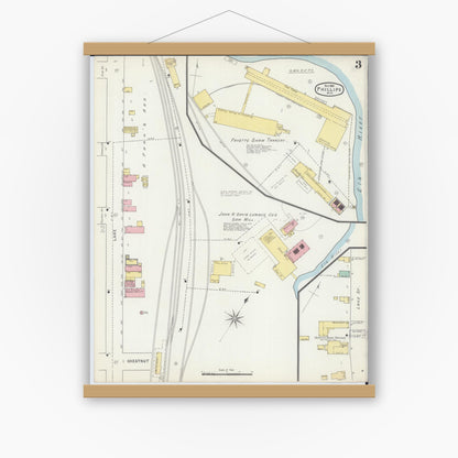 Old map wall art mockup — magnetic wood frame on white wall — Sanborn Fire Insurance Map from Phillips, Price County, Wisconsin (1895), Sheet #0003