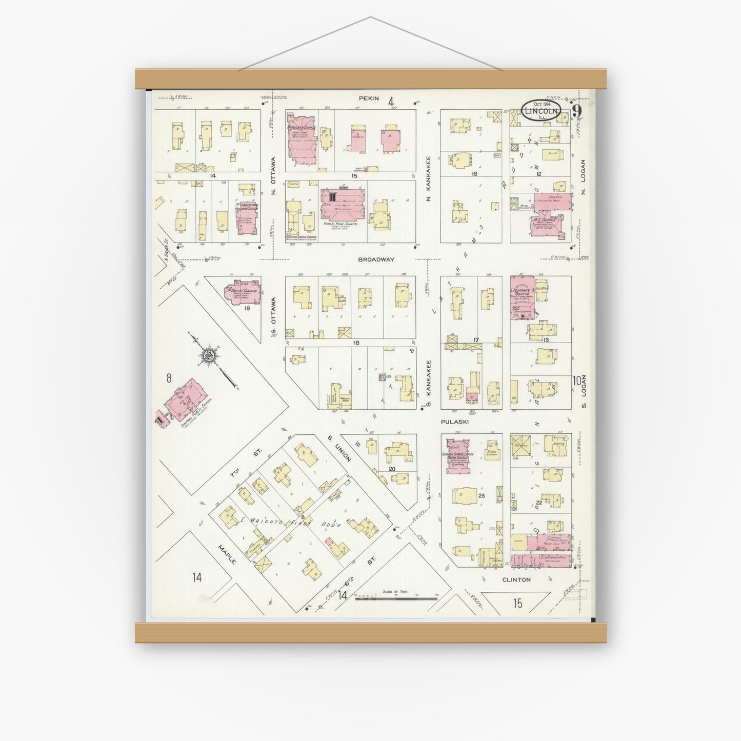 Old map wall art mockup — magnetic wood frame on white wall — Sanborn Fire Insurance Map from Lincoln, Logan County, Illinois (1914), Sheet #0009