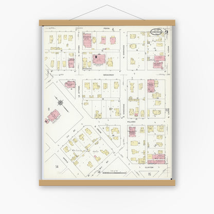 Old map wall art mockup — magnetic wood frame on white wall — Sanborn Fire Insurance Map from Lincoln, Logan County, Illinois (1914), Sheet #0009