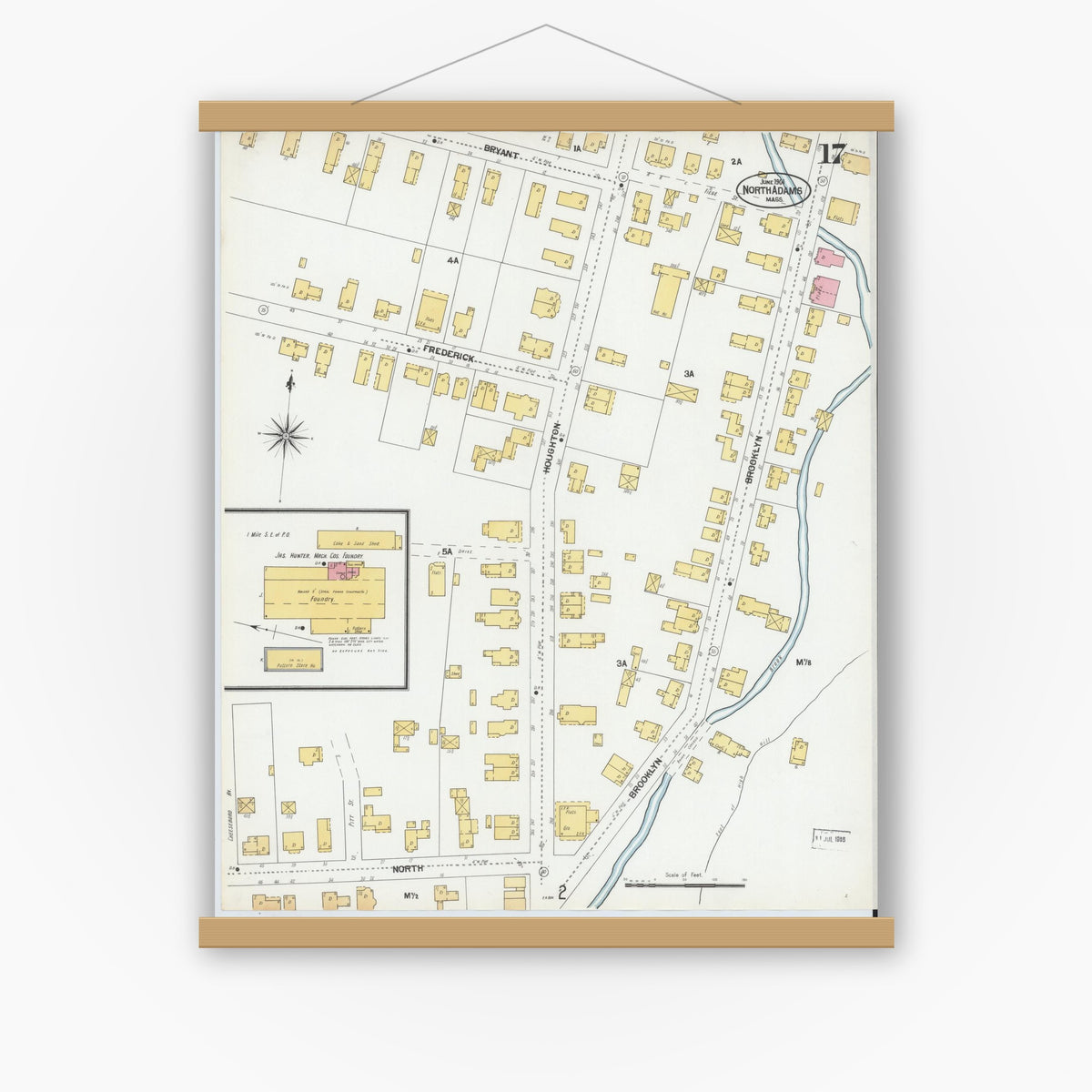 Old map wall art mockup — magnetic wood frame on white wall — Sanborn Fire Insurance Map from North Adams, Berkshire County, Massachusetts (1901), Sheet #0017