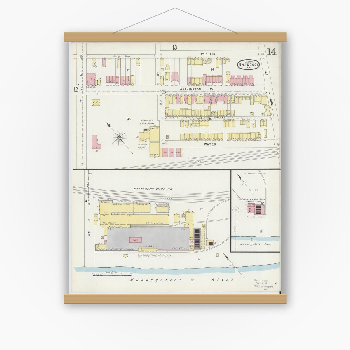 Old map wall art mockup — magnetic wood frame on white wall — Sanborn Fire Insurance Map from Braddock, Allegheny County, Pennsylvania (1896), Sheet #0014