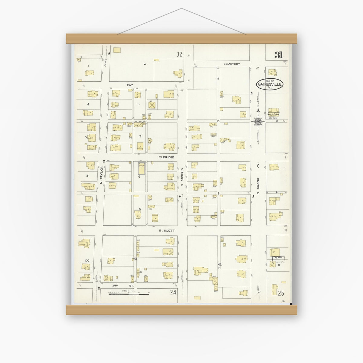 Old map wall art mockup — magnetic wood frame on white wall — Sanborn Fire Insurance Map from Gainesville, Cooke County, Texas (1913), Sheet #0031