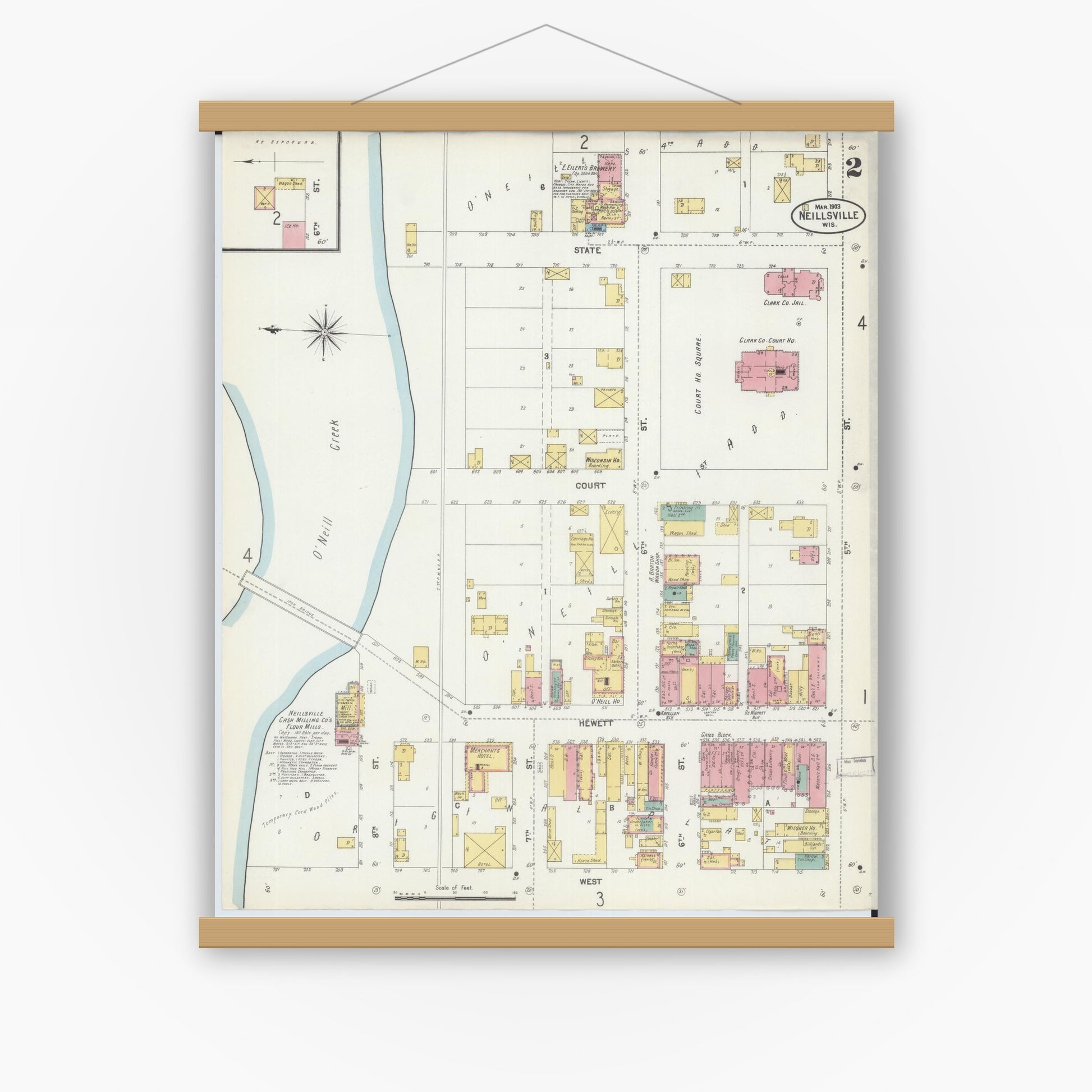 Old map wall art mockup — magnetic wood frame on white wall — Sanborn Fire Insurance Map from Neillsville, Clark County, Wisconsin (1903), Sheet #0002