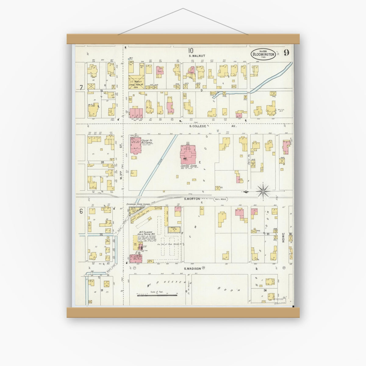 Old map wall art mockup — magnetic wood frame on white wall — Sanborn Fire Insurance Map from Bloomington, Monroe County, Indiana (1898), Sheet #0009