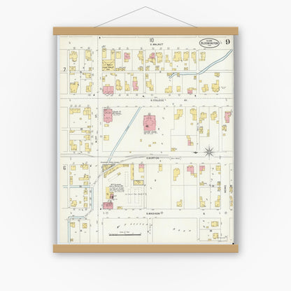 Old map wall art mockup — magnetic wood frame on white wall — Sanborn Fire Insurance Map from Bloomington, Monroe County, Indiana (1898), Sheet #0009