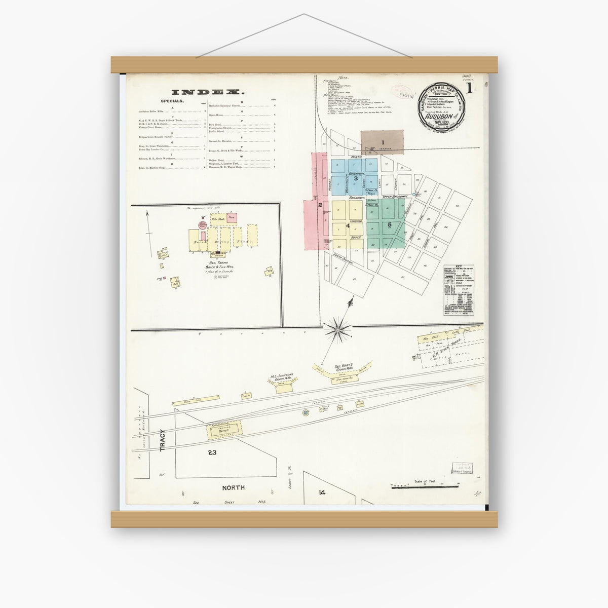 Old map wall art mockup — magnetic wood frame on white wall — Sanborn Fire Insurance Map from Audubon, Audubon County, Iowa (1890), Sheet #0001