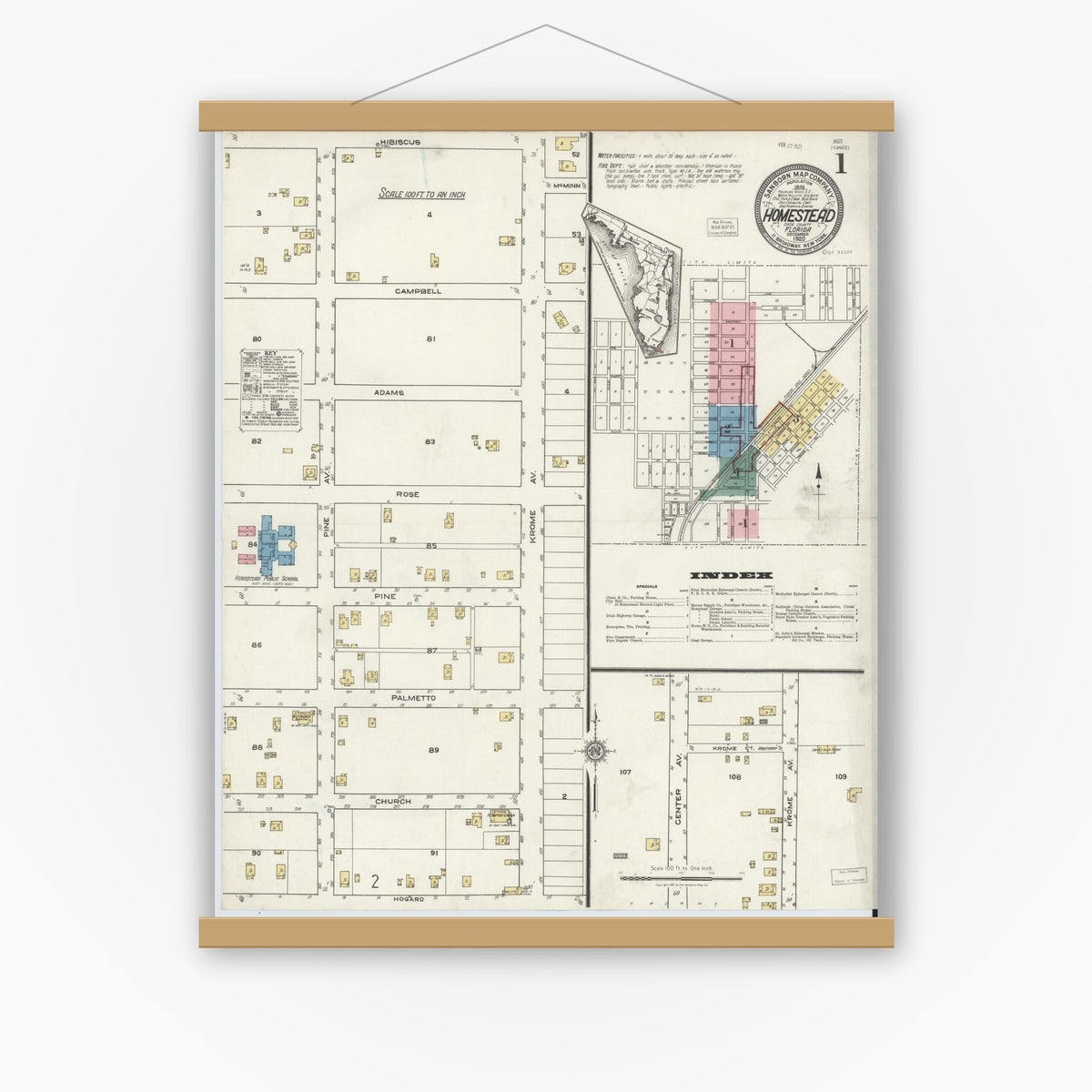 Old map wall art mockup — magnetic wood frame on white wall — Sanborn Fire Insurance Map from Holmestead, Dade County, Florida (1920) - Complete Map Set