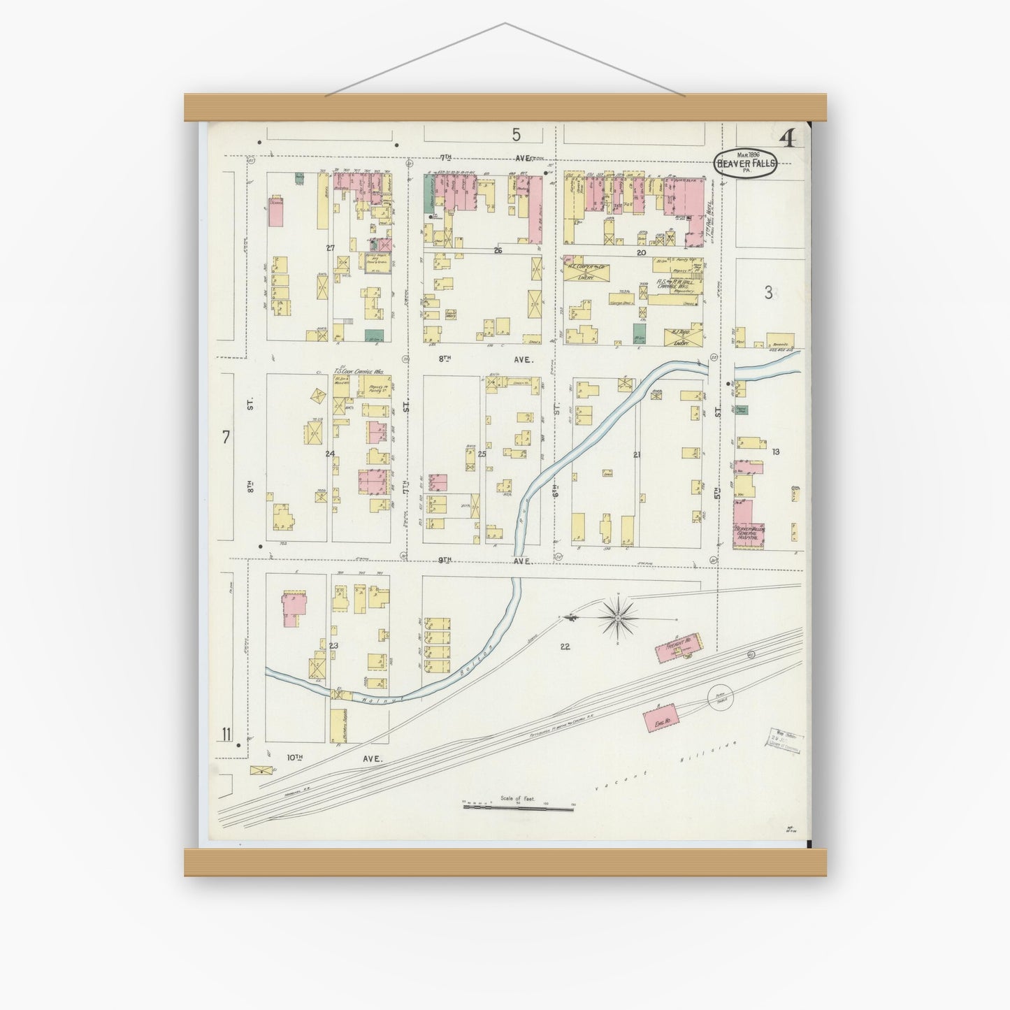 Old map wall art mockup — magnetic wood frame on white wall — Sanborn Fire Insurance Map from Beaver Falls, Beaver County, Pennsylvania (1896), Sheet #0004