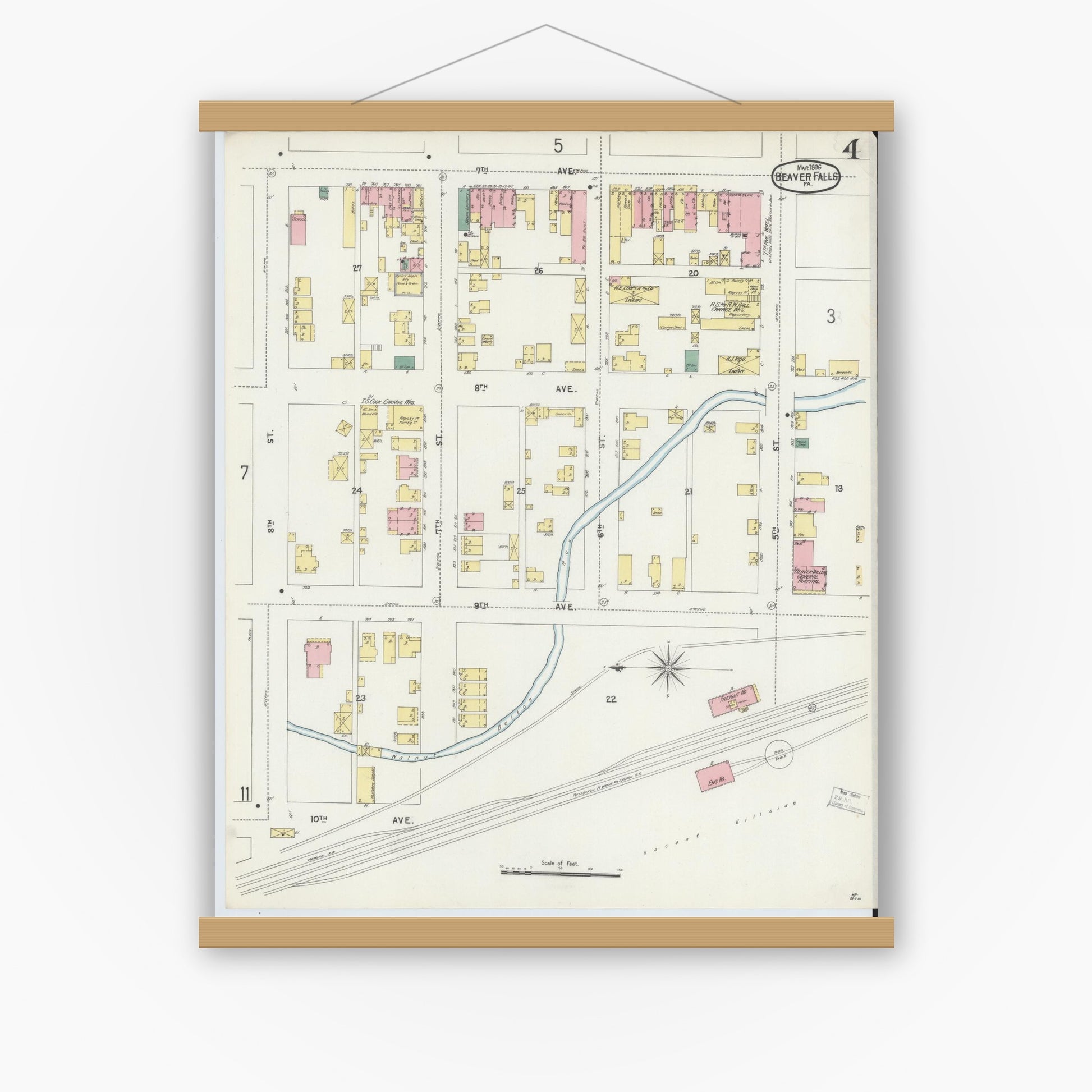 Old map wall art mockup — magnetic wood frame on white wall — Sanborn Fire Insurance Map from Beaver Falls, Beaver County, Pennsylvania (1896), Sheet #0004