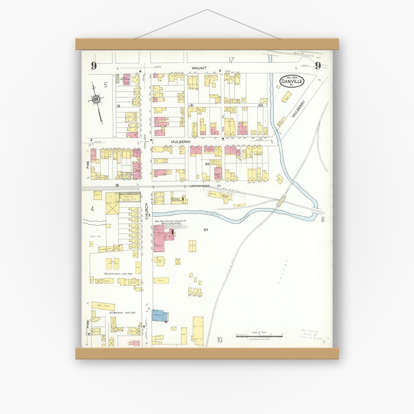 Old map wall art mockup — magnetic wood frame on white wall — Sanborn Fire Insurance Map from Danville, Montour County, Pennsylvania (1923), Sheet #0009