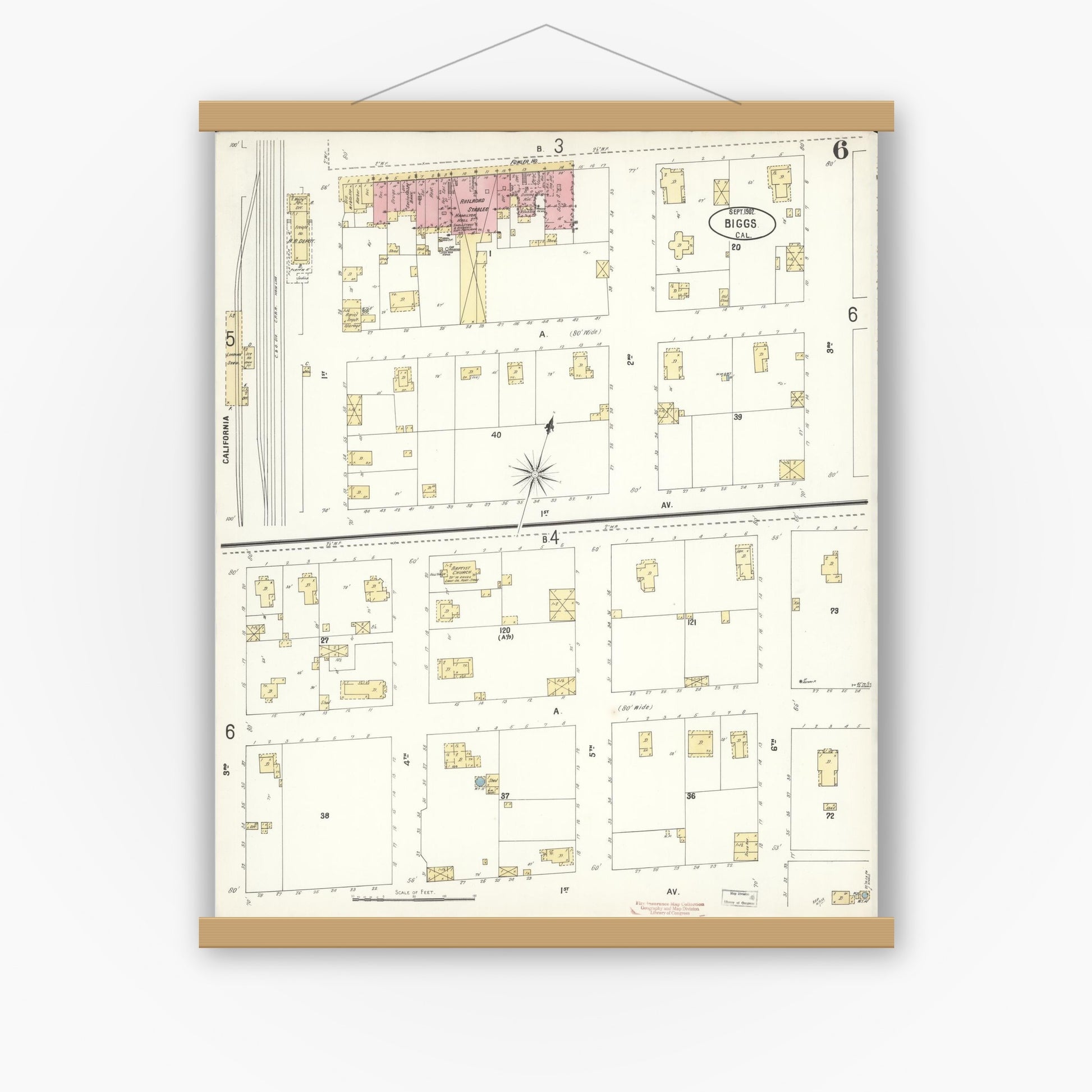 Old map wall art mockup — magnetic wood frame on white wall — Sanborn Fire Insurance Map from Biggs, Butte County, California (1902), Sheet #0006