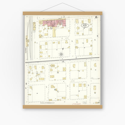 Old map wall art mockup — magnetic wood frame on white wall — Sanborn Fire Insurance Map from Biggs, Butte County, California (1902), Sheet #0006
