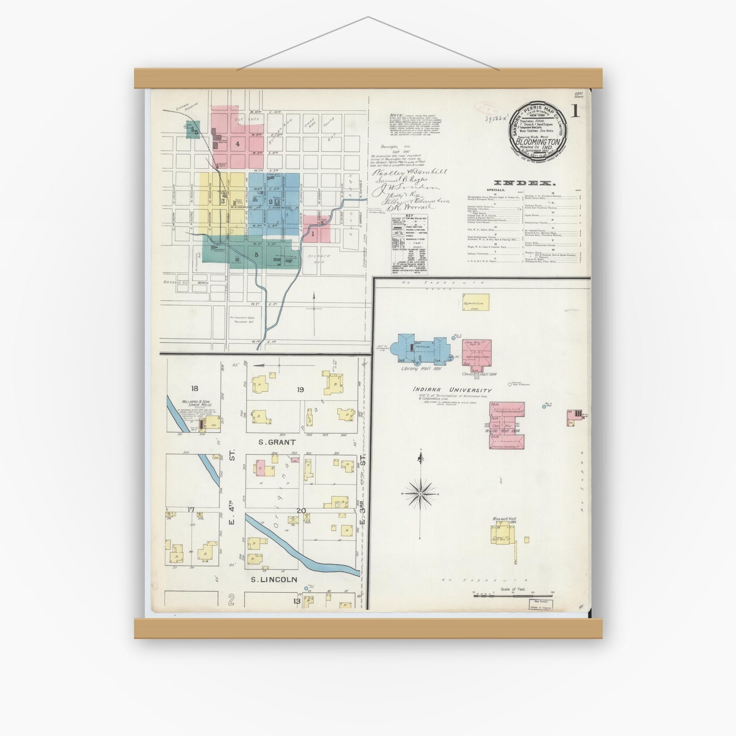 Old map wall art mockup — magnetic wood frame on white wall — Sanborn Fire Insurance Map from Bloomington, Monroe County, Indiana (1892) - Complete Map Set