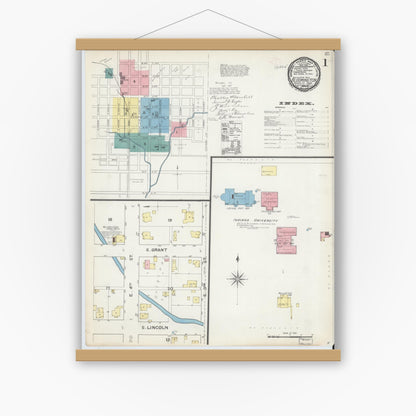 Old map wall art mockup — magnetic wood frame on white wall — Sanborn Fire Insurance Map from Bloomington, Monroe County, Indiana (1892) - Complete Map Set