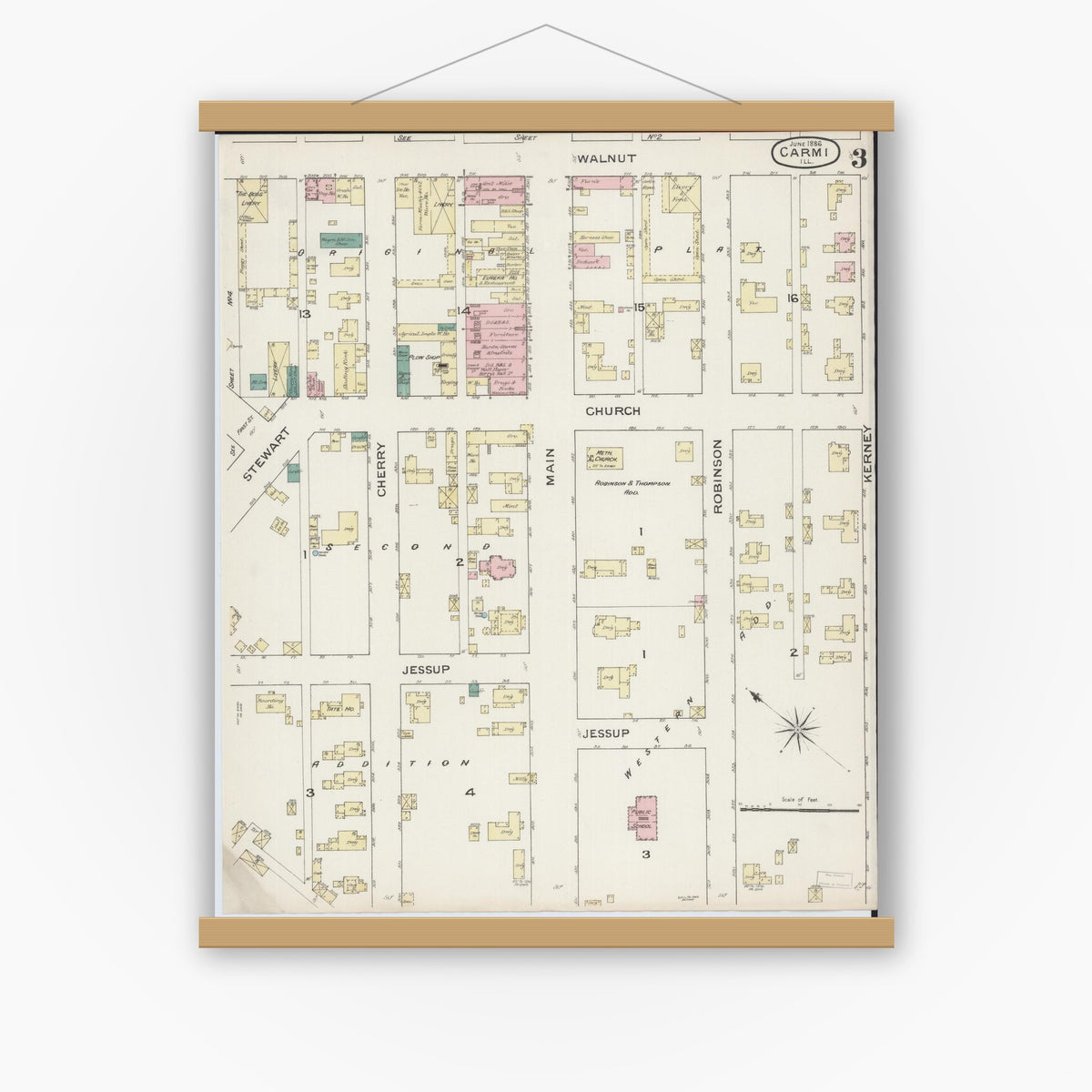 Old map wall art mockup — magnetic wood frame on white wall — Sanborn Fire Insurance Map from Carmi, White County, Illinois (1886), Sheet #0003