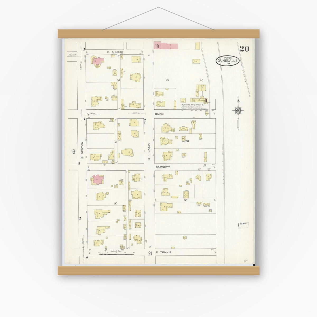 Old map wall art mockup — magnetic wood frame on white wall — Sanborn Fire Insurance Map from Gainesville, Cooke County, Texas (1913), Sheet #0020