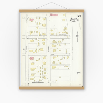 Old map wall art mockup — magnetic wood frame on white wall — Sanborn Fire Insurance Map from Gainesville, Cooke County, Texas (1913), Sheet #0020