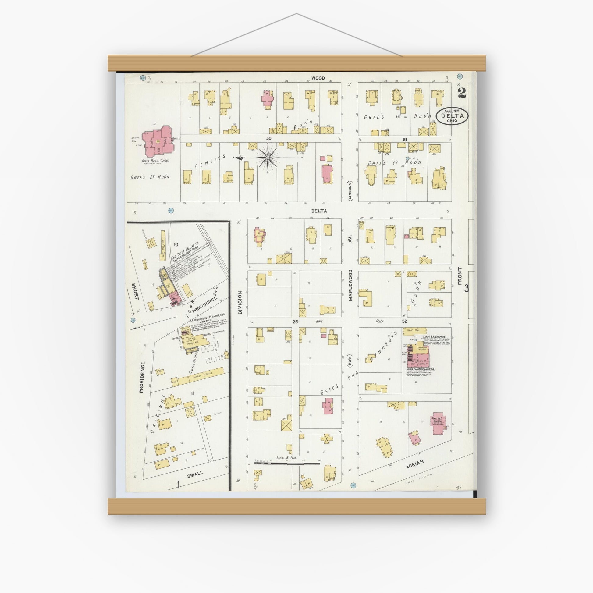Old map wall art mockup — magnetic wood frame on white wall — Sanborn Fire Insurance Map from Delta, Fulton County, Ohio (1905), Sheet #0002