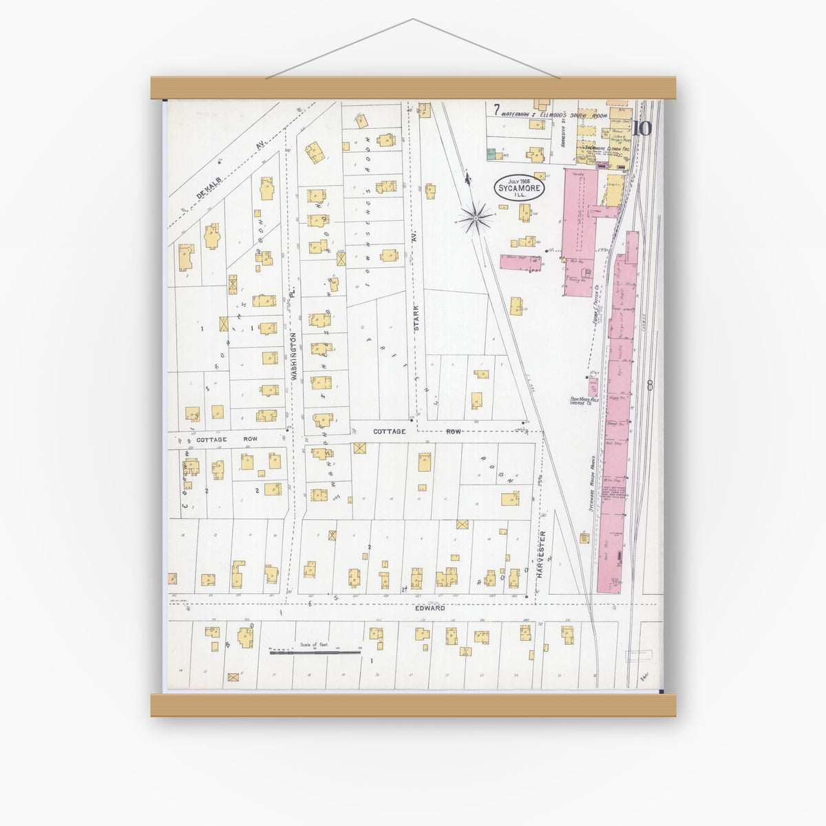 Old map wall art mockup — magnetic wood frame on white wall — Sanborn Fire Insurance Map from Sycamore, De Kalb County, Illinois (1905), Sheet #0010