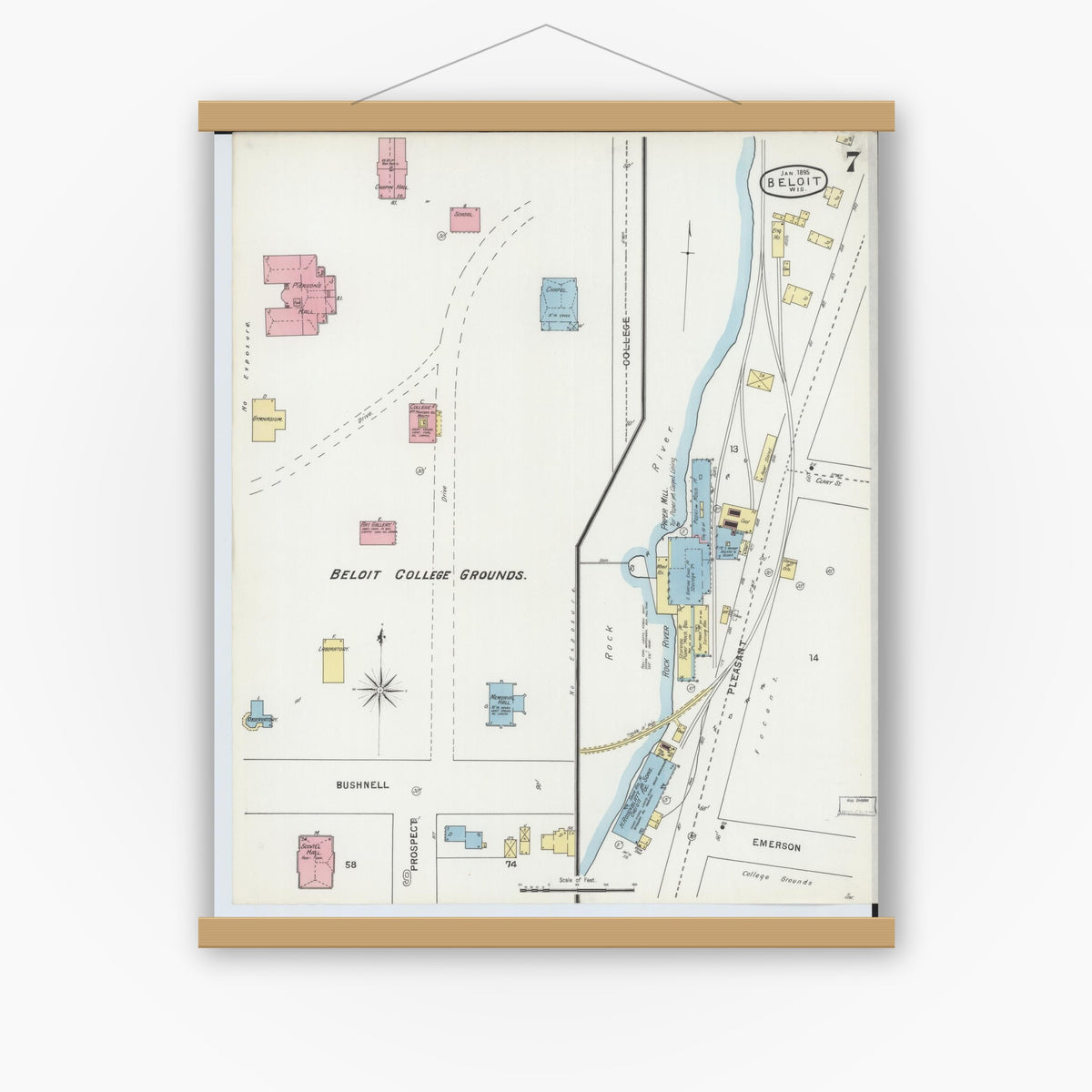 Old map wall art mockup — magnetic wood frame on white wall — Sanborn Fire Insurance Map from Beloit, Rock County, Wisconsin (1895), Sheet #0007