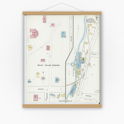 Old map wall art mockup — magnetic wood frame on white wall — Sanborn Fire Insurance Map from Beloit, Rock County, Wisconsin (1895), Sheet #0007