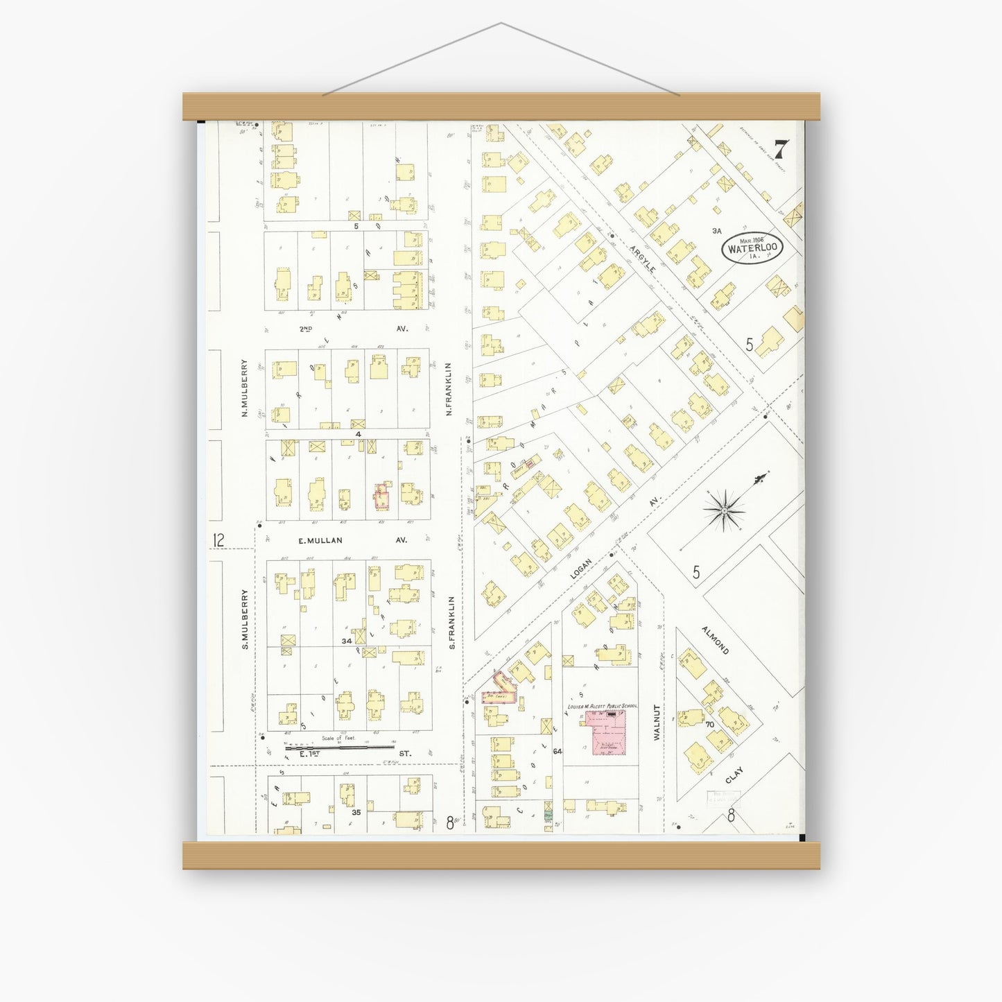 Old map wall art mockup — magnetic wood frame on white wall — Sanborn Fire Insurance Map from Waterloo, Black Hawk County, Iowa (1906), Sheet #0007