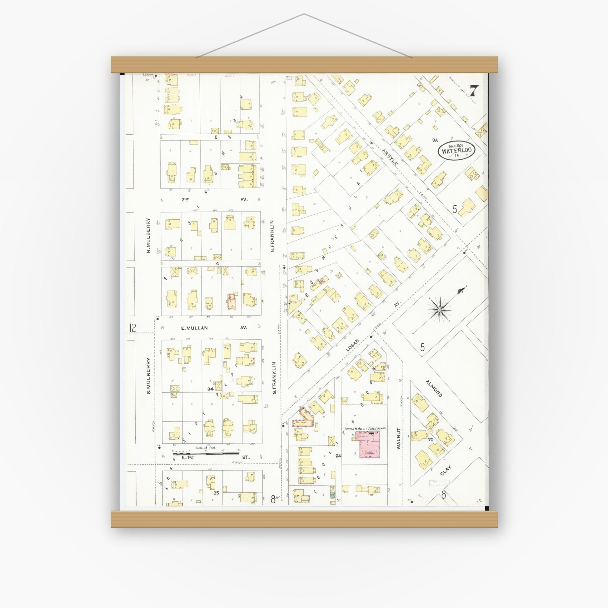 Old map wall art mockup — magnetic wood frame on white wall — Sanborn Fire Insurance Map from Waterloo, Black Hawk County, Iowa (1906), Sheet #0007