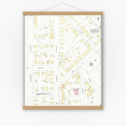 Old map wall art mockup — magnetic wood frame on white wall — Sanborn Fire Insurance Map from Waterloo, Black Hawk County, Iowa (1906), Sheet #0007