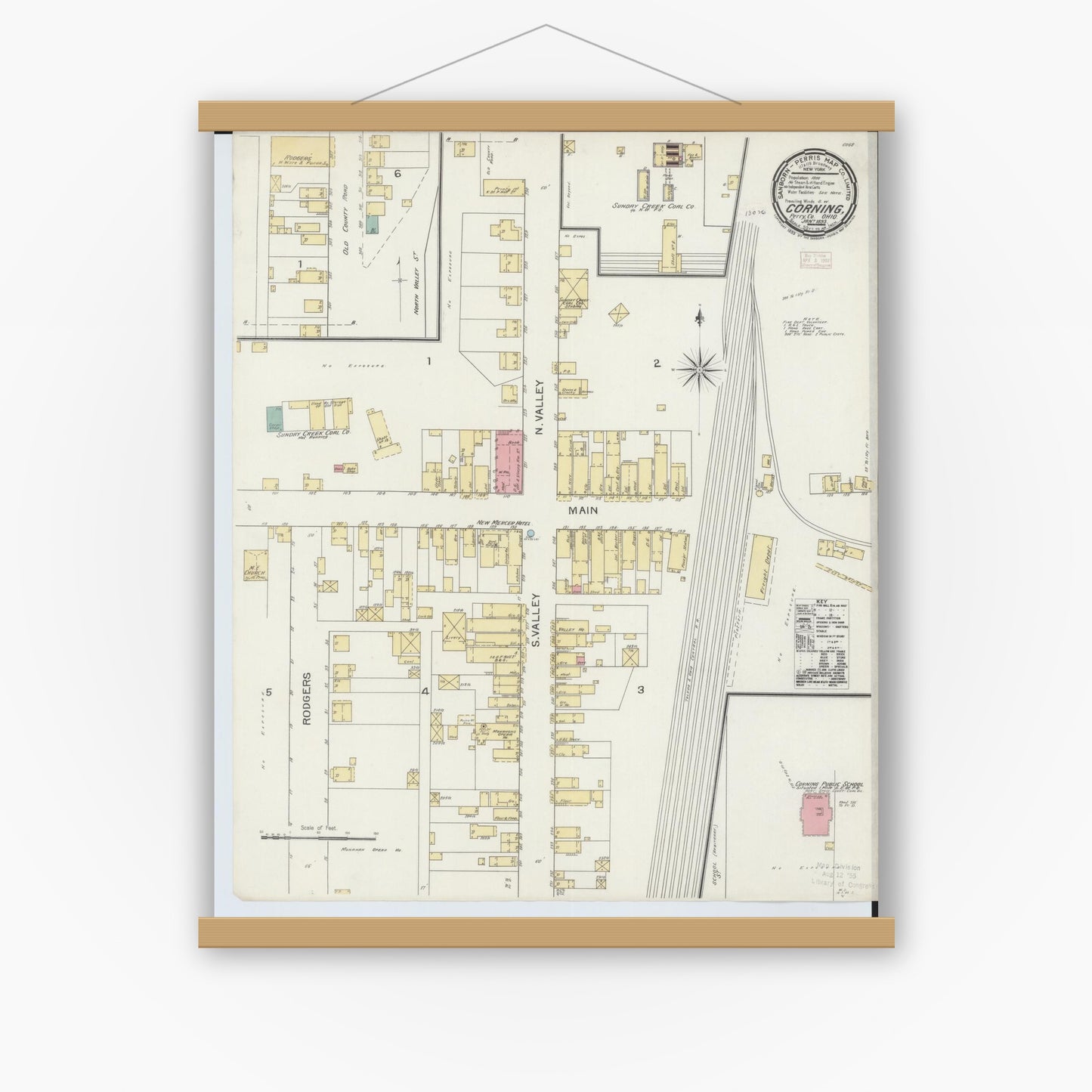 Old map wall art mockup — magnetic wood frame on white wall — Sanborn Fire Insurance Map from Corning, Perry County, Ohio (1893), Sheet #0001