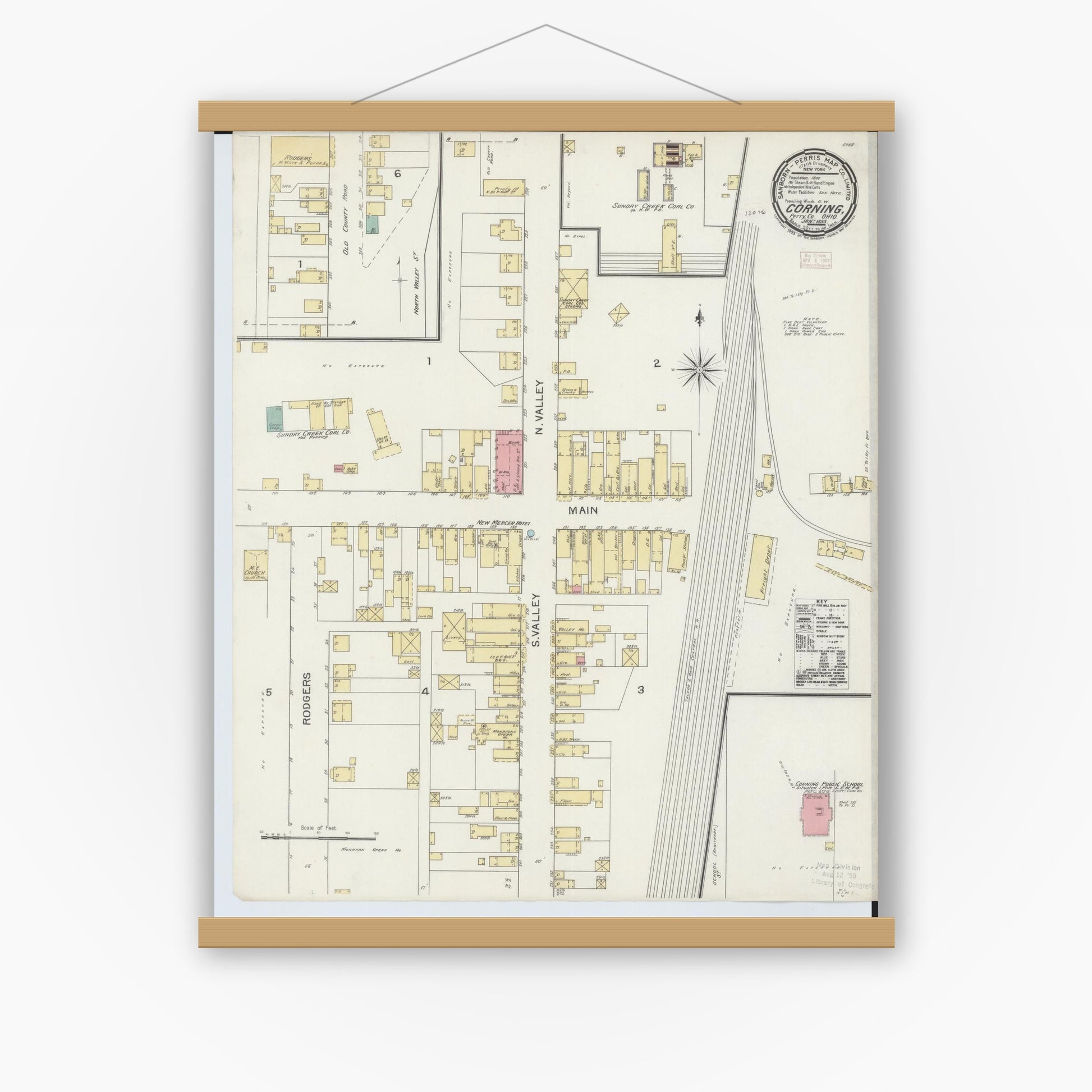 Old map wall art mockup — magnetic wood frame on white wall — Sanborn Fire Insurance Map from Corning, Perry County, Ohio (1893), Sheet #0001
