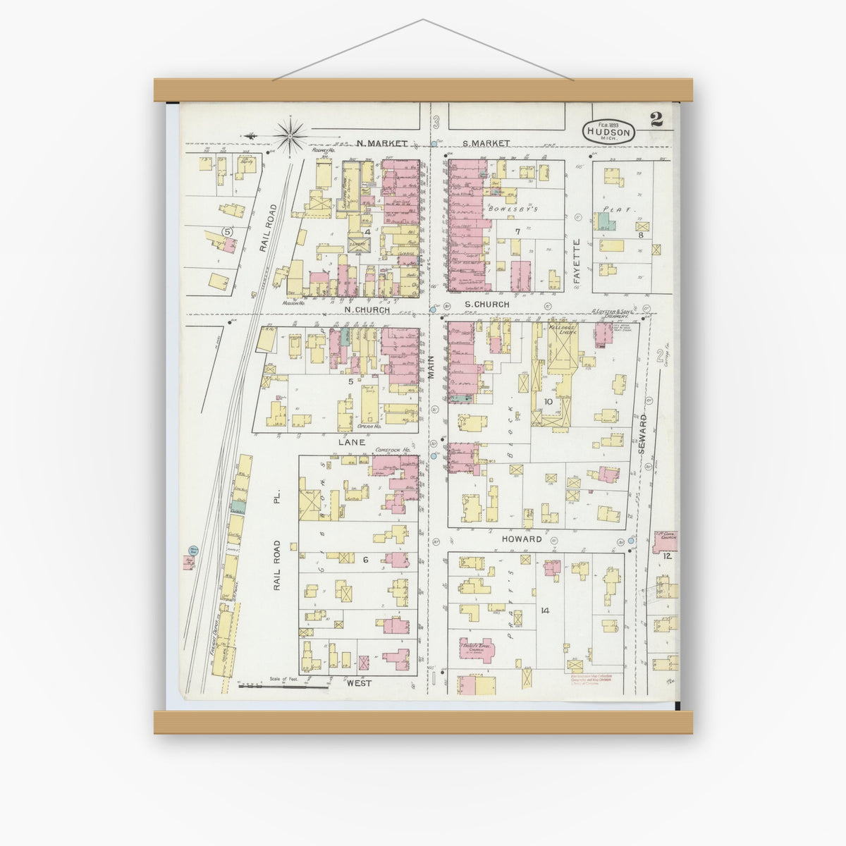 Old map wall art mockup — magnetic wood frame on white wall — Sanborn Fire Insurance Map from Hudson, Lenawee County, Michigan (1893), Sheet #0002