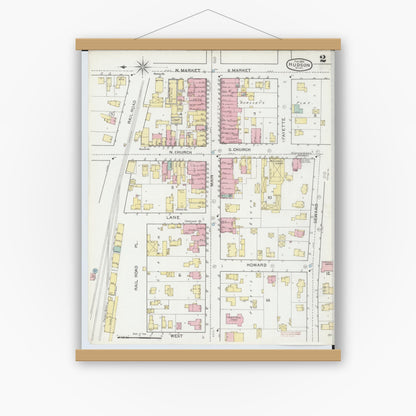 Old map wall art mockup — magnetic wood frame on white wall — Sanborn Fire Insurance Map from Hudson, Lenawee County, Michigan (1893), Sheet #0002