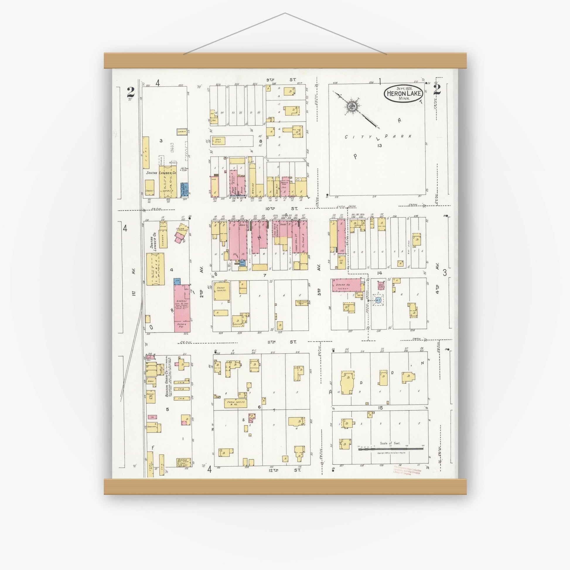 Old map wall art mockup — magnetic wood frame on white wall — Sanborn Fire Insurance Map from Heron Lake, Jackson County, Minnesota (1926), Sheet #0002