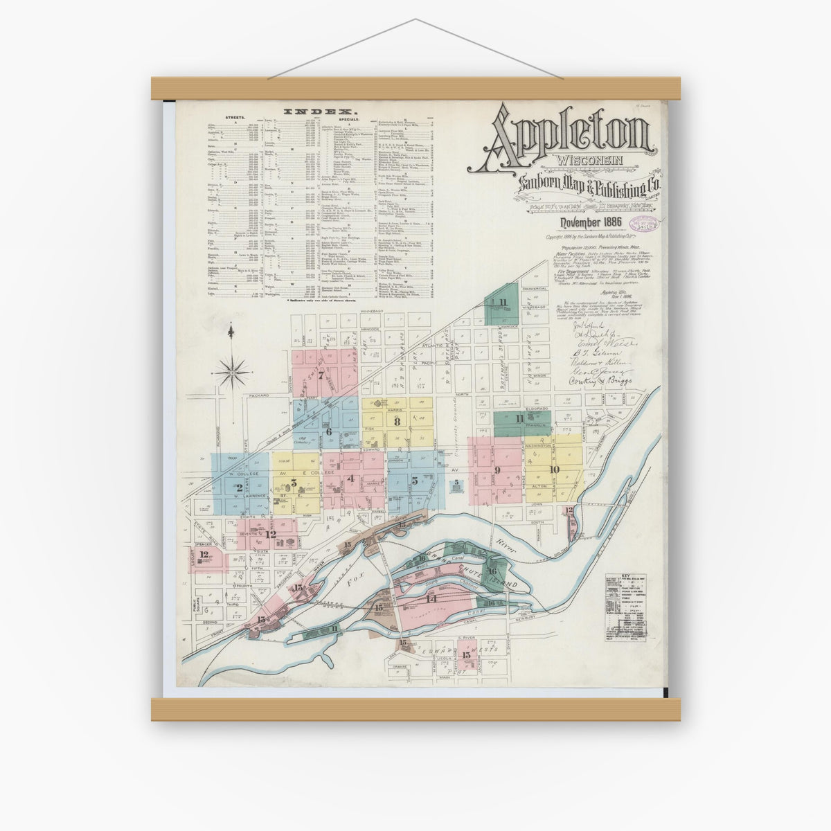Old map wall art mockup — magnetic wood frame on white wall — Sanborn Fire Insurance Map from Appleton, Outagamie County, Wisconsin (1886) - Complete Map Set