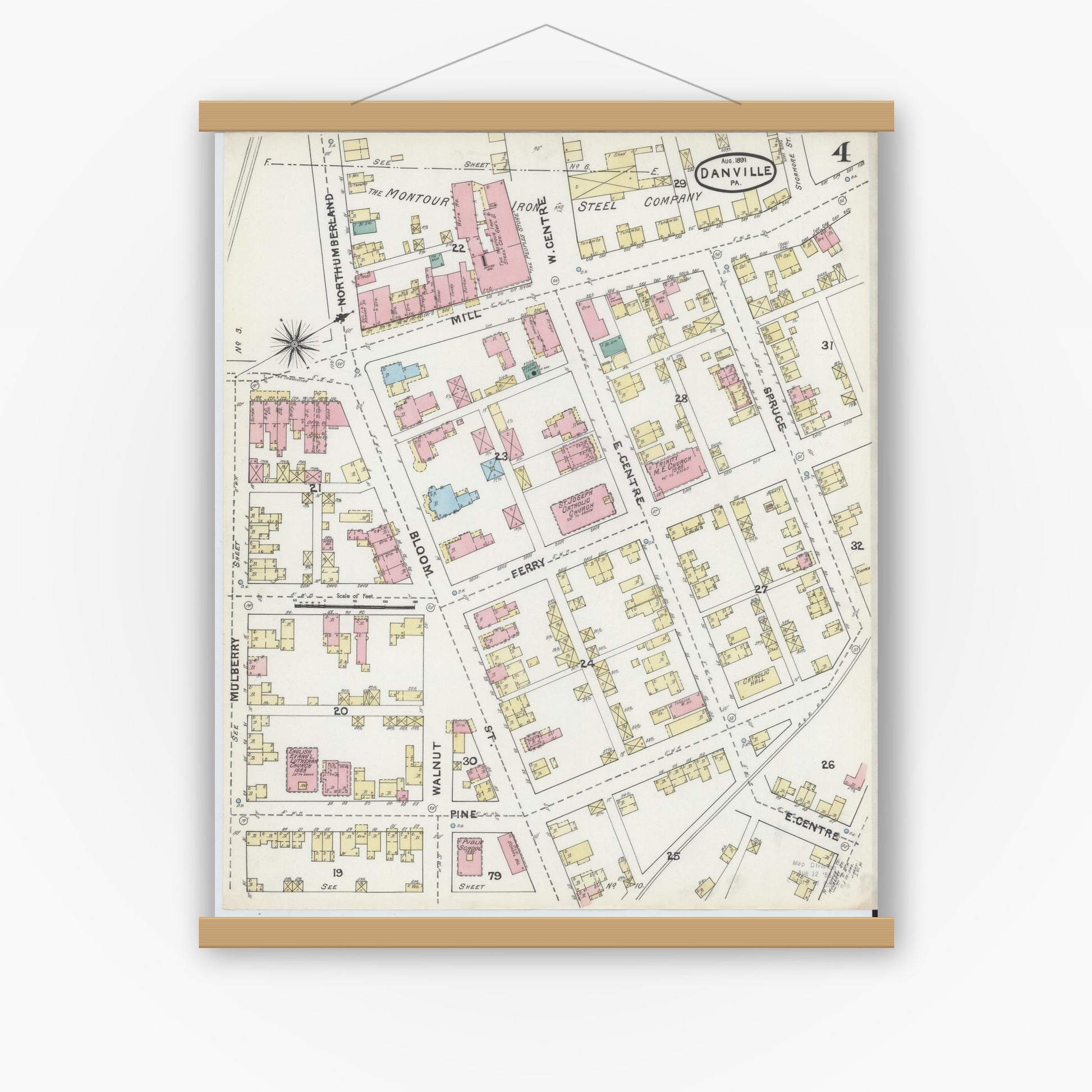 Old map wall art mockup — magnetic wood frame on white wall — Sanborn Fire Insurance Map from Danville, Montour County, Pennsylvania (1891), Sheet #0004