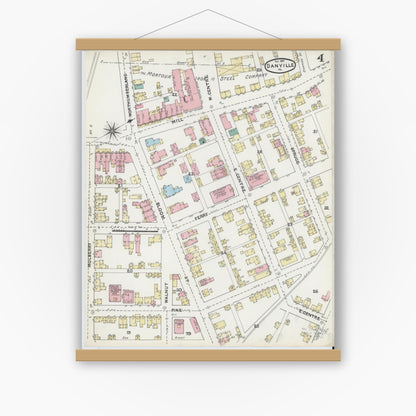 Old map wall art mockup — magnetic wood frame on white wall — Sanborn Fire Insurance Map from Danville, Montour County, Pennsylvania (1891), Sheet #0004