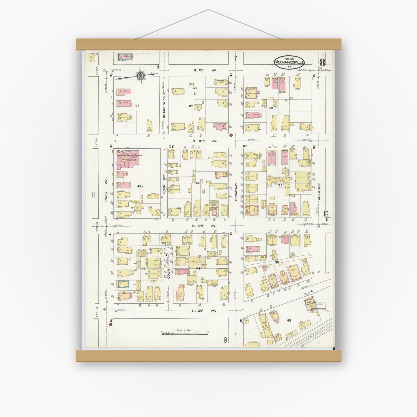 Old map wall art mockup — magnetic wood frame on white wall — Sanborn Fire Insurance Map from Mechanicville, Saratoga County, New York (1911), Sheet #0008
