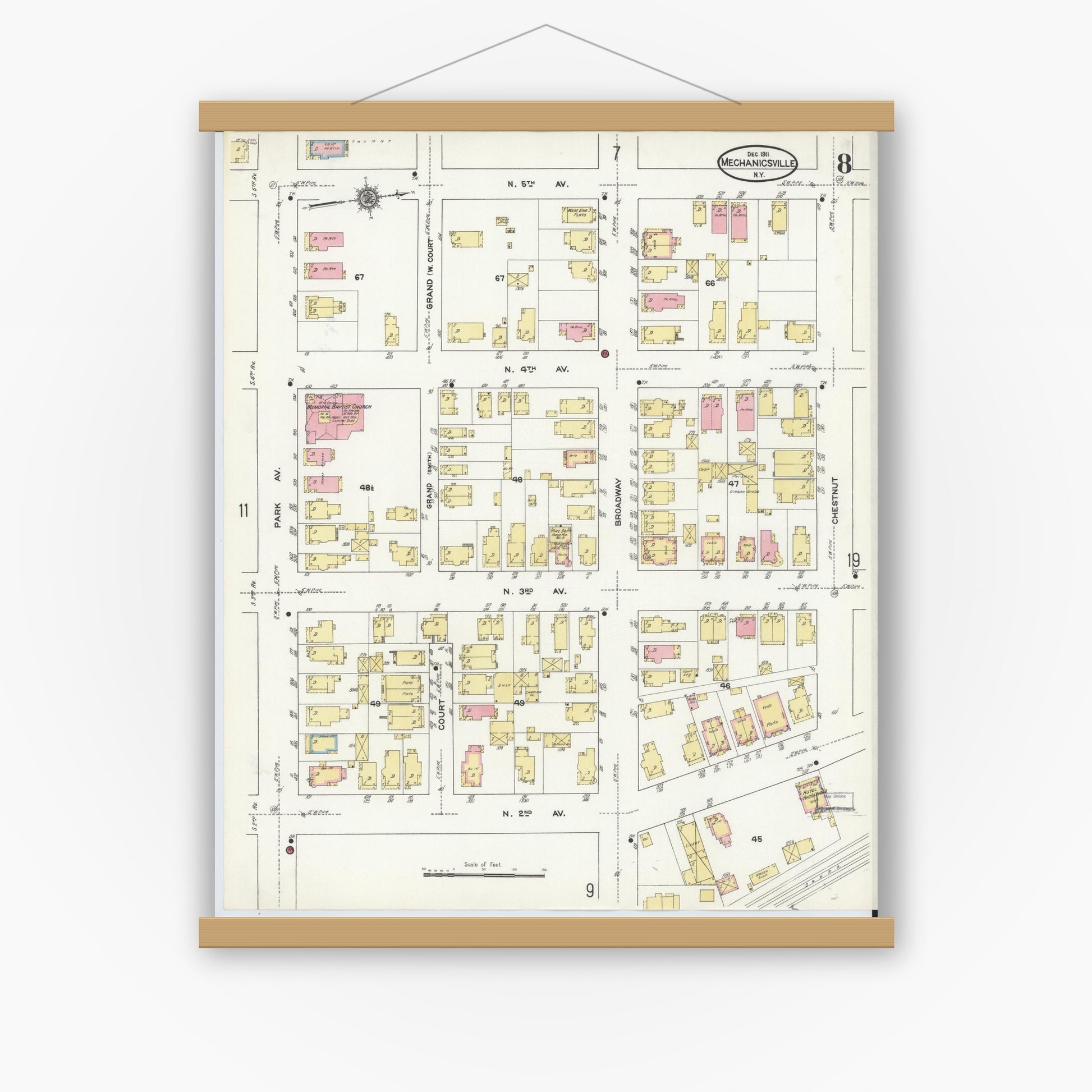 Old map wall art mockup — magnetic wood frame on white wall — Sanborn Fire Insurance Map from Mechanicville, Saratoga County, New York (1911), Sheet #0008