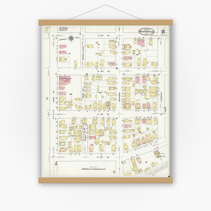 Old map wall art mockup — magnetic wood frame on white wall — Sanborn Fire Insurance Map from Mechanicville, Saratoga County, New York (1911), Sheet #0008