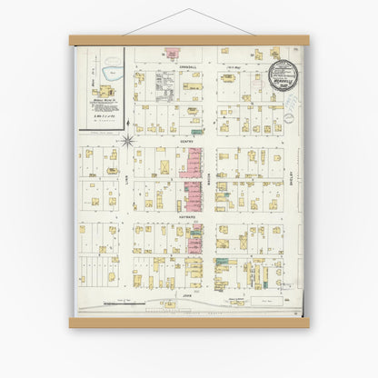 Old map wall art mockup — magnetic wood frame on white wall — Sanborn Fire Insurance Map from Meadville, Linn County, Missouri (1898), Sheet #0001