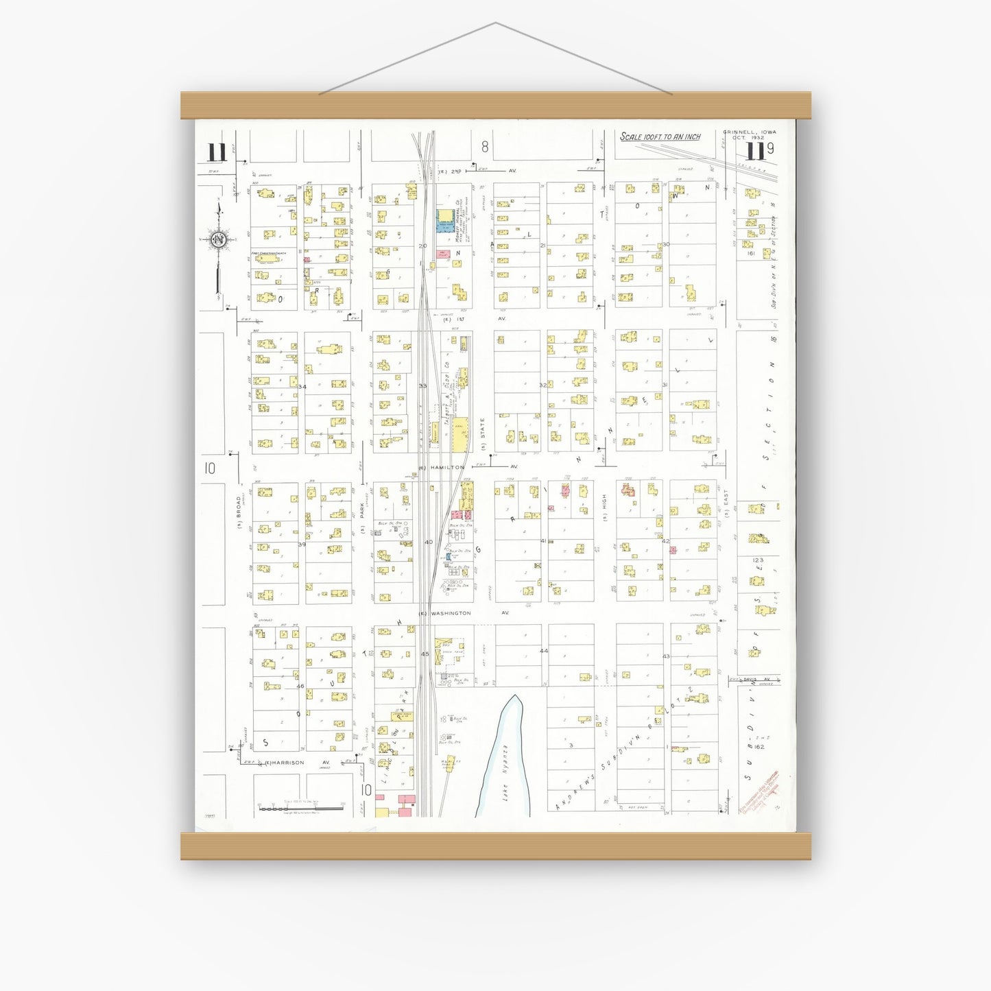 Old map wall art mockup — magnetic wood frame on white wall — Sanborn Fire Insurance Map from Grinnell, Poweshiek County, Iowa (1932), Sheet #0011