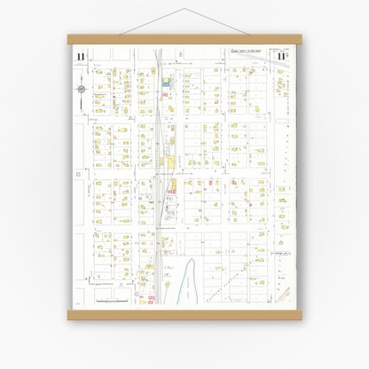 Old map wall art mockup — magnetic wood frame on white wall — Sanborn Fire Insurance Map from Grinnell, Poweshiek County, Iowa (1932), Sheet #0011