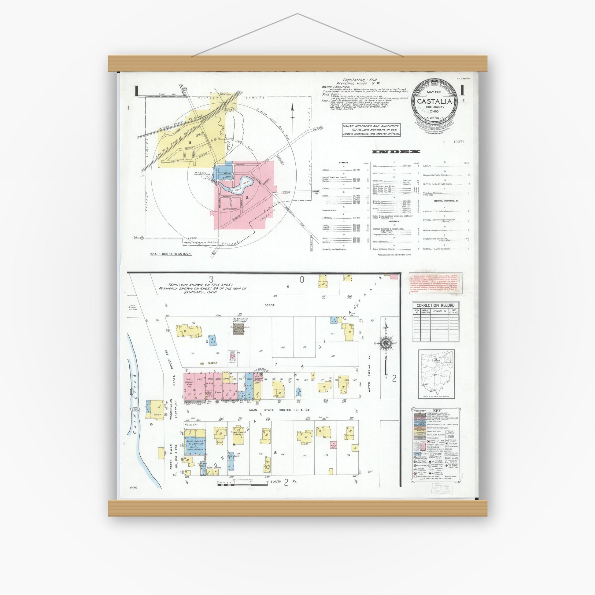 Old map wall art mockup — magnetic wood frame on white wall — Sanborn Fire Insurance Map from Castalia, Erie County, Ohio (1951) - Complete Map Set