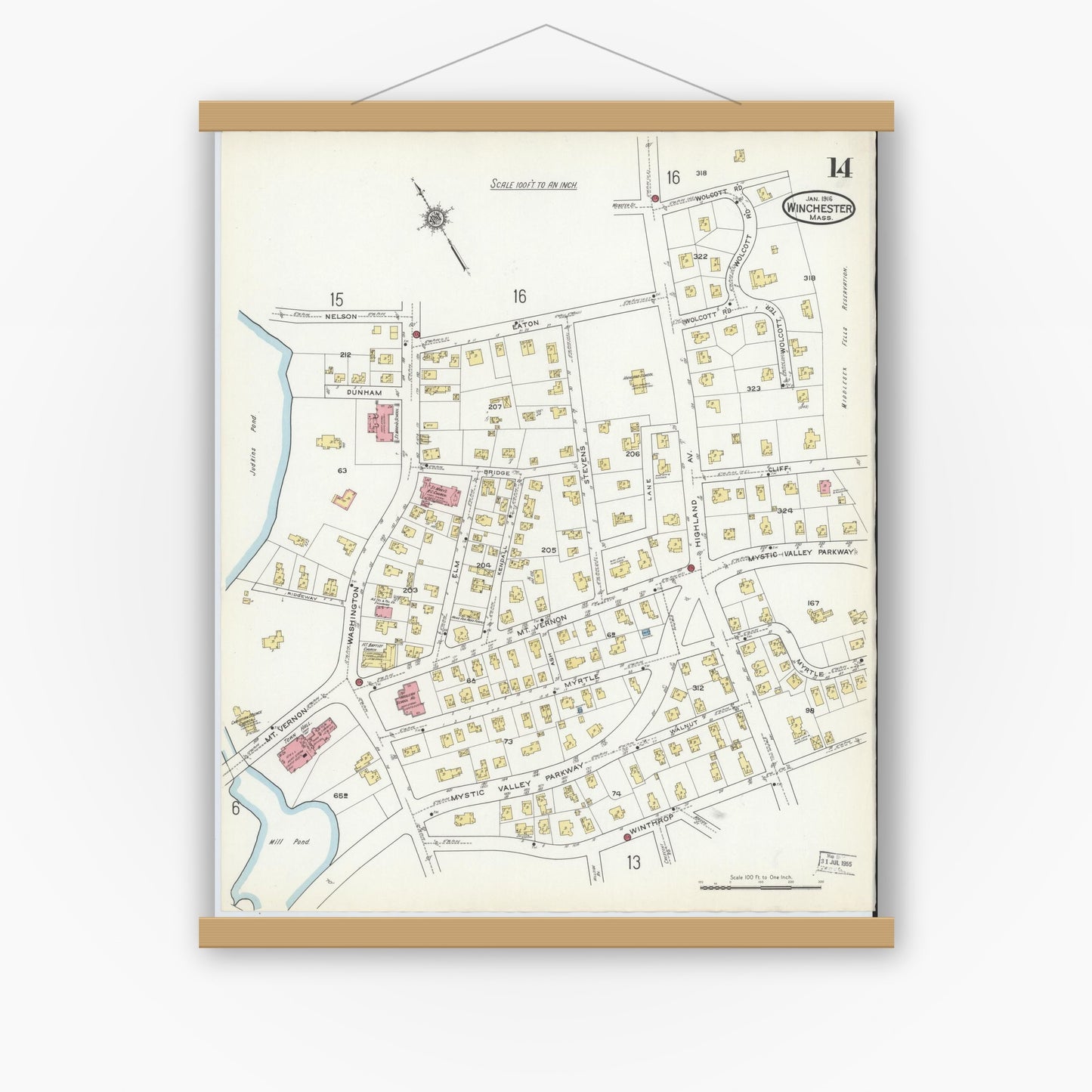 Old map wall art mockup — magnetic wood frame on white wall — Sanborn Fire Insurance Map from Winchester, Middlesex County, Massachusetts (1916), Sheet #0014